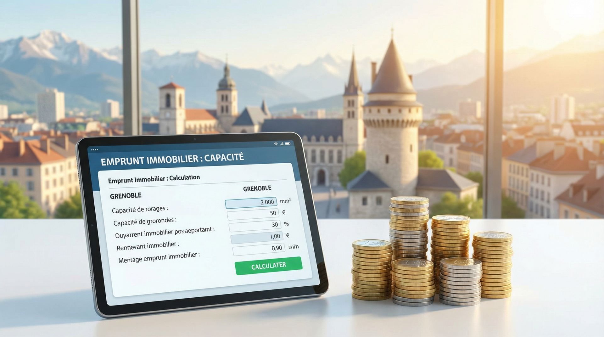 Calculatrice capacité emprunt immobilier Grenoble 2026 avec pièces de monnaie