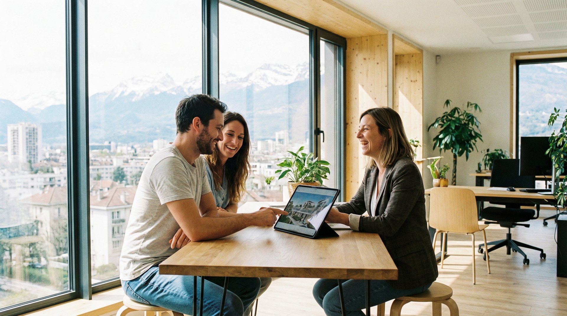 Couple consultant un agent immobilier à Grenoble avec vue sur les montagnes